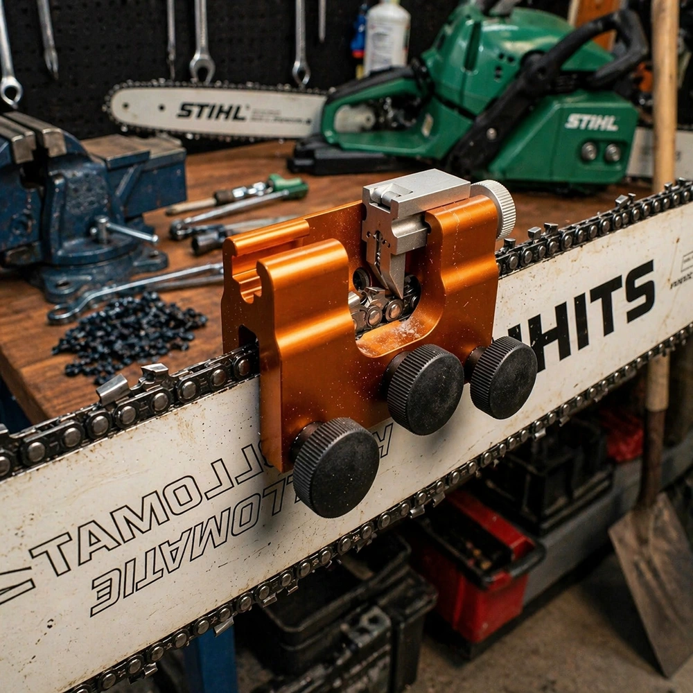 Klampero clamped on a chainsaw bar in a workshop